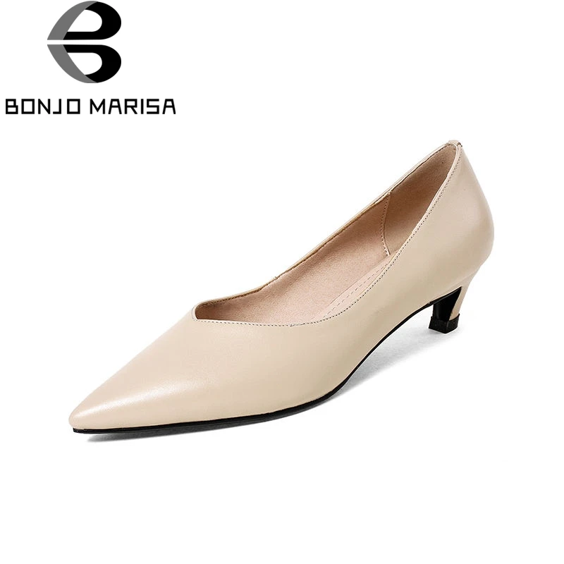 

BONJOMARISA 2019 Spring Autumn High Quality Overall Genuine Leather Women Pumps Med Heels Ol Shoes Woman Black Shallow Shoes