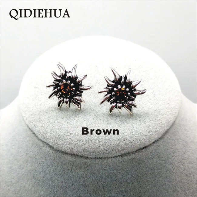 Fashion Brincos New Vintage Silver Edelweiss Stud Earrings For Women Rhinestone Earrings Party Jewelry Earrings Wholesale - Окраска металла: brown