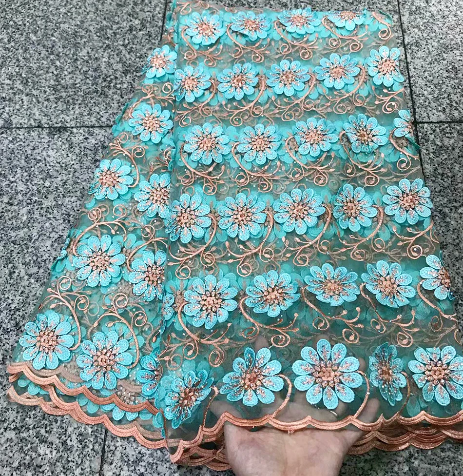 

Latest style African lace fabric 3D embroidered mesh tulle fabric High quality french lace fabric with stones For Party Dress