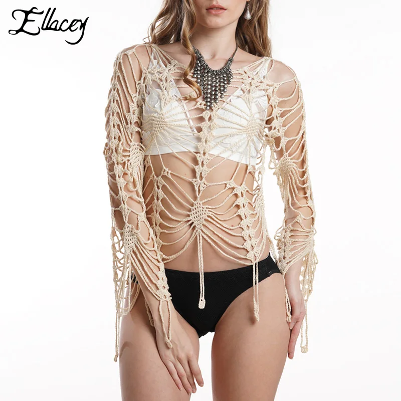 Ellacey пляжный праздничный сексуальный купальник рубашка ручной крючок вязанная