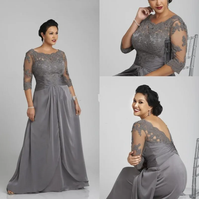 

Long Lace Mother of the Bride Dresses Floor Length Silver Evening Dresses for Plus Size Women Sheer Backless Formal Party Gowns
