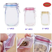 12PCS Mason Jar Pattern Food Saver Storage Bags Set Reusable Portable Kitchen Organizer Snacks Fresh Zipper Airtight Seal Bags