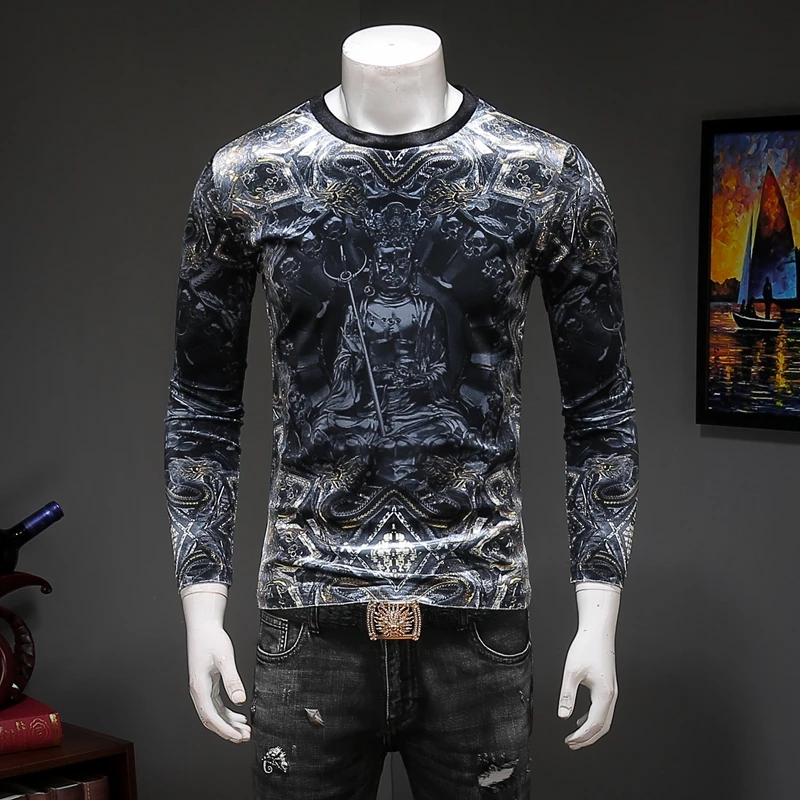 

Creative 3d Buddha pattern dark printing fashion long-sleeved t shirt Autumn 2018 quality velvet soft elastic luxury t shirt men