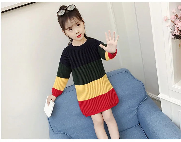2018 autumn winter patchwork striped knit dresses for teenage girls sweater clothing kids fleece warm knitting dress clothes (11)