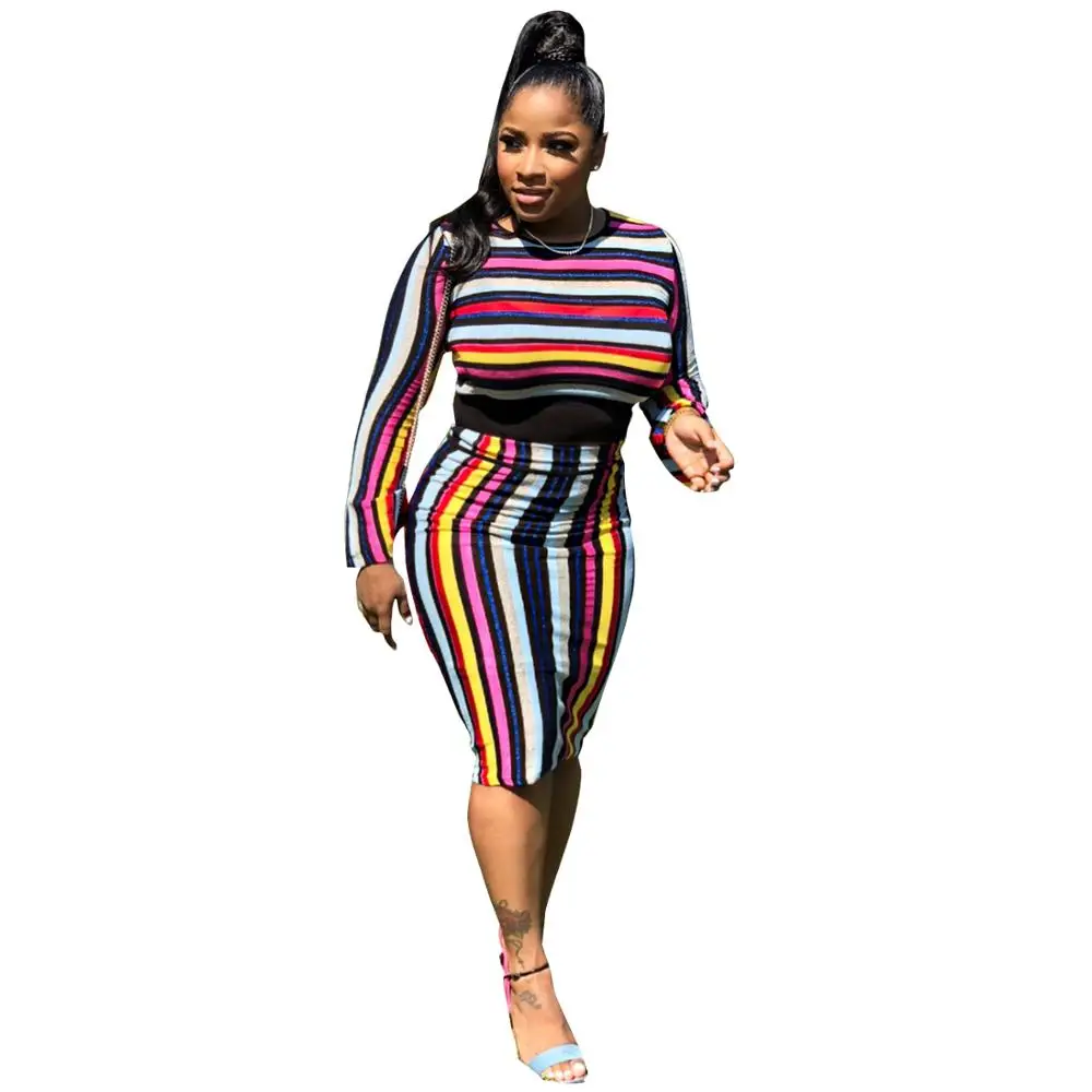 

Women Casual Striped Two Piece Outfits Long Sleeve Top and Midi Skirt Set