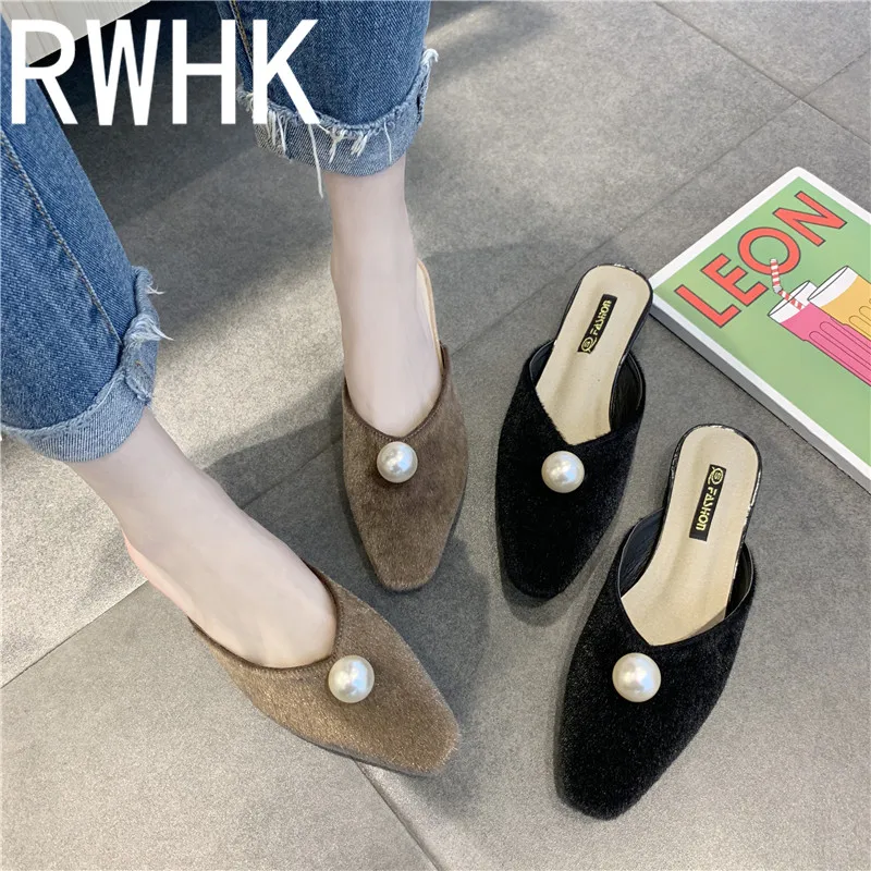 

RWHK 2019 spring new pointed pearl suede wild low-heeled baotou slippers fashion wear half slippers women's shoes B195