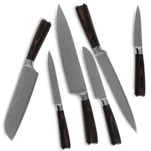 Kitchen knives six piece set 7Cr17 stainless steel blade laser Damascus auspicious clouds veins color wood