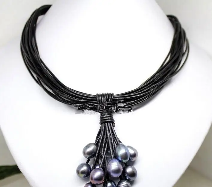 

Natural 10-12mm Black Freshwater Pearl Leather Fashion Women Necklace 17.5"