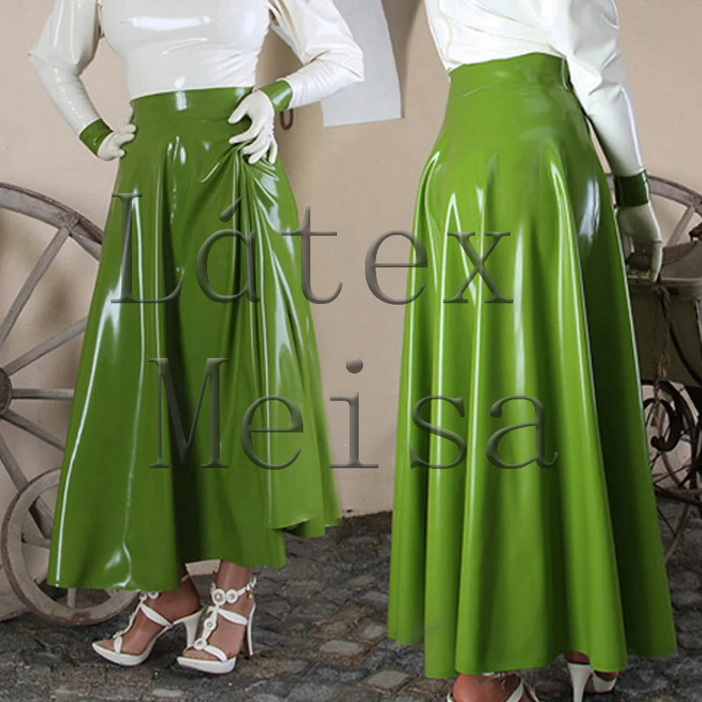 England style women's pleated ankle-length long latex skirt in solid green color no zip with 100% handmade