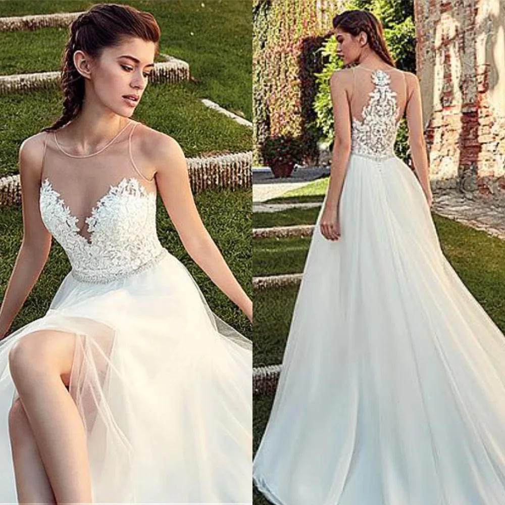 

2019 New Arrival Illusion O-Neck Tulle Wedding Dress with Split Beading Belt Appliques Gowns for Bridal Robe De Mariage