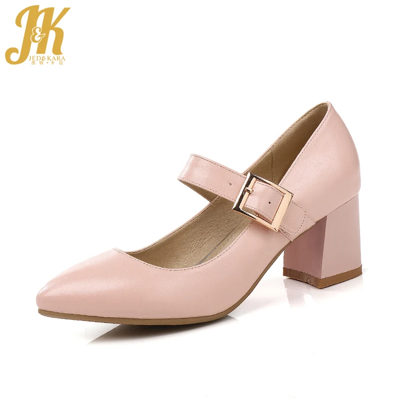 

JK High Heel Women Pumps Hoof Heels Pointed Toe Shallow Buckle Footwear 2018 Brand Spring Fashion Office Ladies Mary Jane Shoes