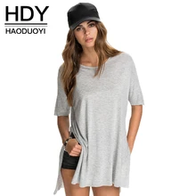 HDY Haoduoyi O Neck Short Sleeve Solid Side Split Tops Casual Loose High Low Tees Brief Preppy Style Soft Cotton T Shirt