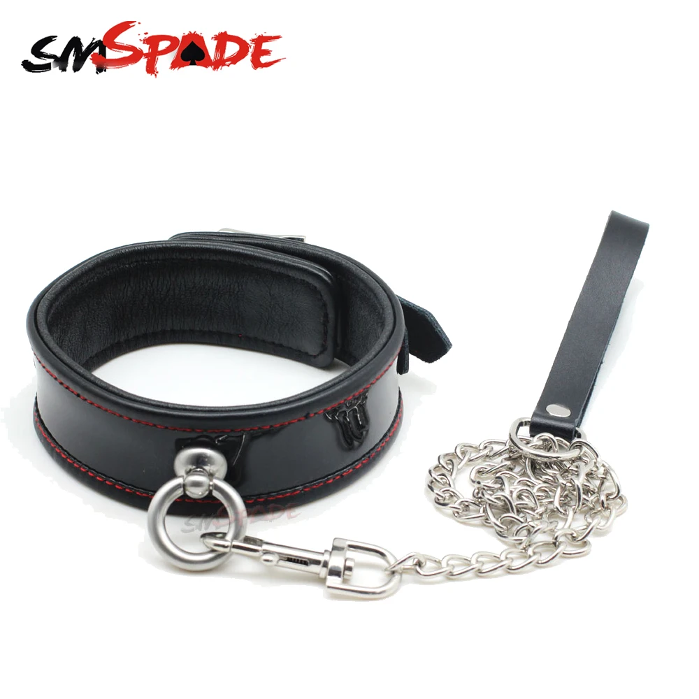 Tanie SMSPADE fetysz czarne prawdziwa skóry Bondage niewolnik kołnierz seks erotyczny kołnierz ortopedyczny smycz z metalowym łańcuchem Sex zabawki dla pary