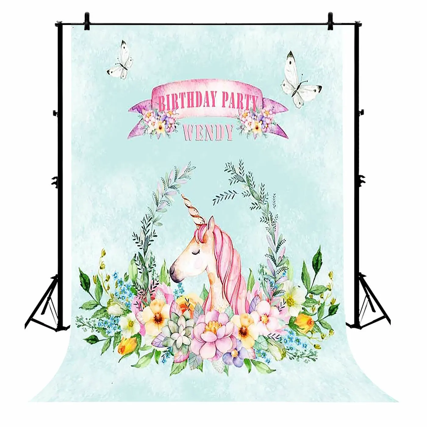

5x7ft Unicorn Bundle Flowers Birthday Light Blue Wall Polyester Photo Background Portrait Backdrop