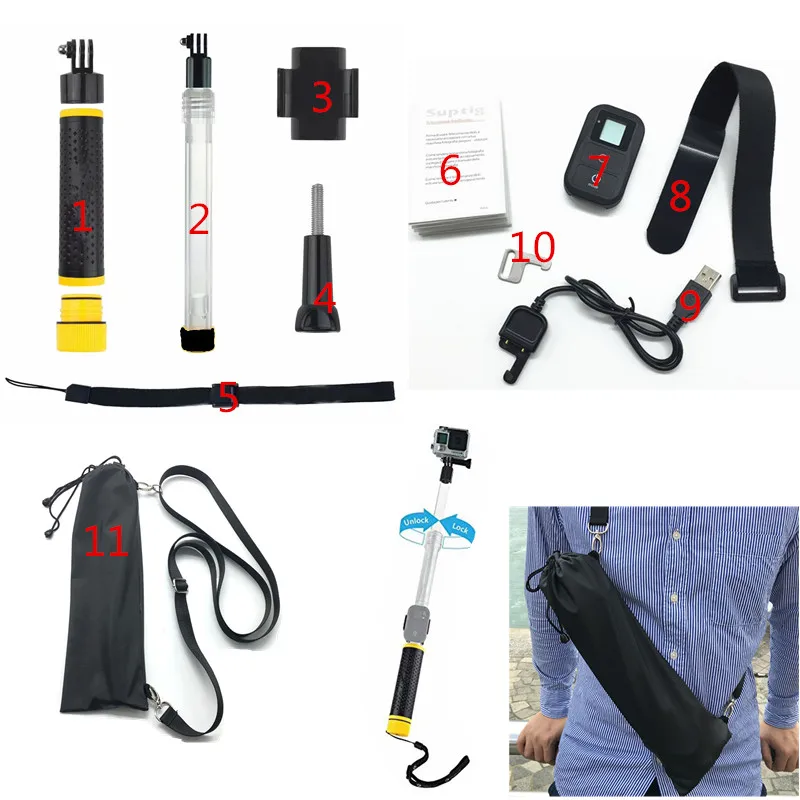 

2019 NEW Set Mount Accessories Transparent Monopod Tripod+Camera Wifi Remote Control+Mini Bag For Gopro Hero6 5 4 3+ Hero7 Black