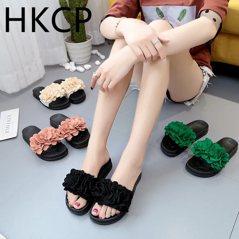 

HKCP 2019 new female summer non-slip flat bottom flower beach shoes open toe flat with thick bottom female slippers C310