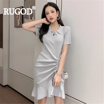 

RUGOD Women solid knitting dress turn down collar short sleeve lace up slim mini dress new vestidos verano 2019 sexy ladies robe