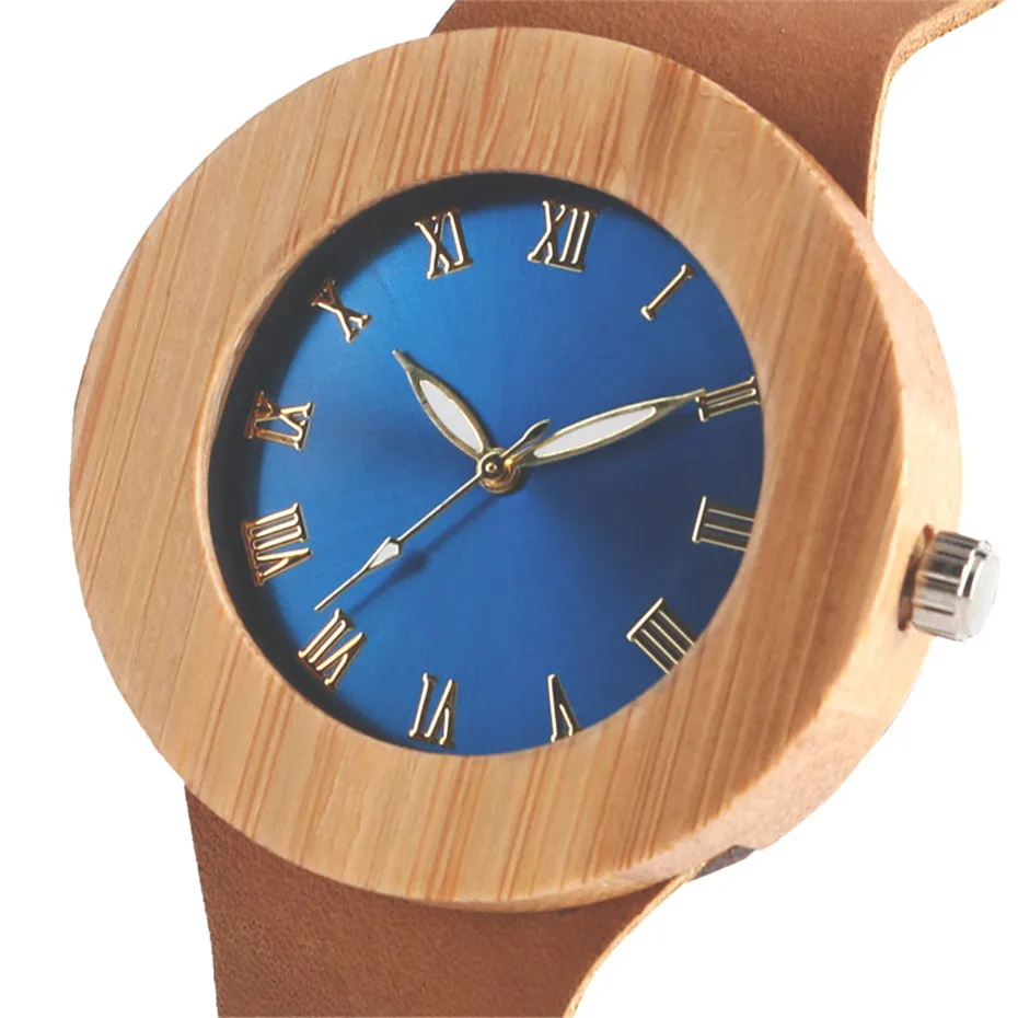 Creative Bamboo Blue Green Wooden Watch Dial Genuine Leather Casual Lovers Women Roman Number Quartz Wristwatch Relojes (9)