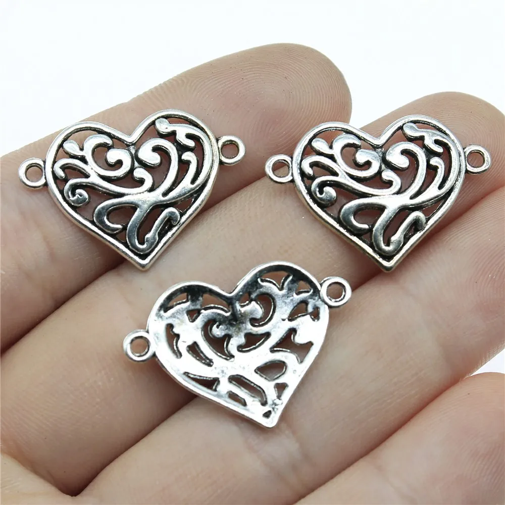 WYSIWYG 10pcs 27x19mm Heart Pendants Charm Connector Antique Silver