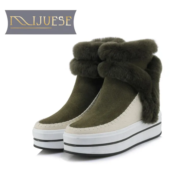 

MLJUESE 2019 women Mid-calf boots cow Suede rabbit hair slip on winter warm short plush fur female flat boots snow boots