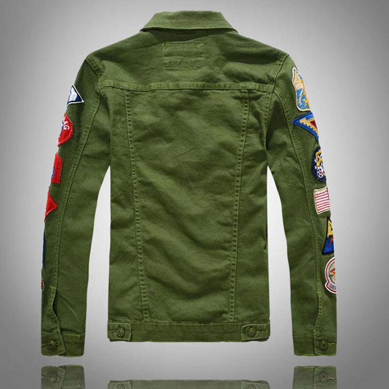 Мужская джинсовая куртка в стиле милитари с вышитыми значками на рукавах с отложным воротником, Мужская джинсовая куртка в стиле хип-хоп, армейский зеленый/белый