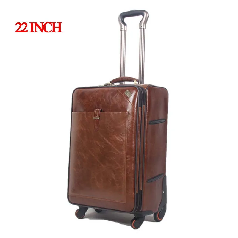 22 INCH Coffee Leather Trolley Luggage Business Trolley Case Men's