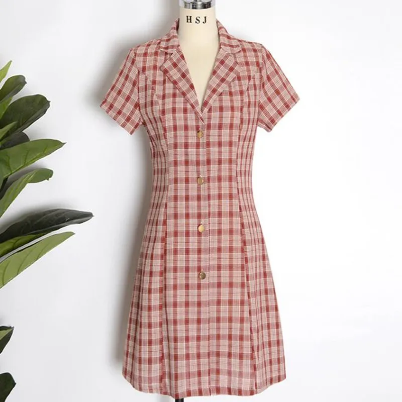 Plaid Casual Vintage Dresses Cotton linen Dress Elegant short sleeve Plaid v-neck Party Dress