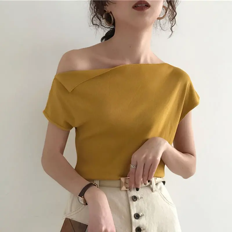 Корейский стиль, белый вязаный Топ, женская футболка, летняя сексуальная желтая футболка на одно плечо, Повседневная Уличная шикарная футболка ярких цветов