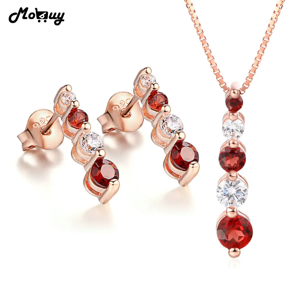 

MoBuy Natural Garnet Gemstone 2pcs Jewelry Sets Fine Jewelry 100% 925 Sterling Silver For Women Wedding Gift V041EN