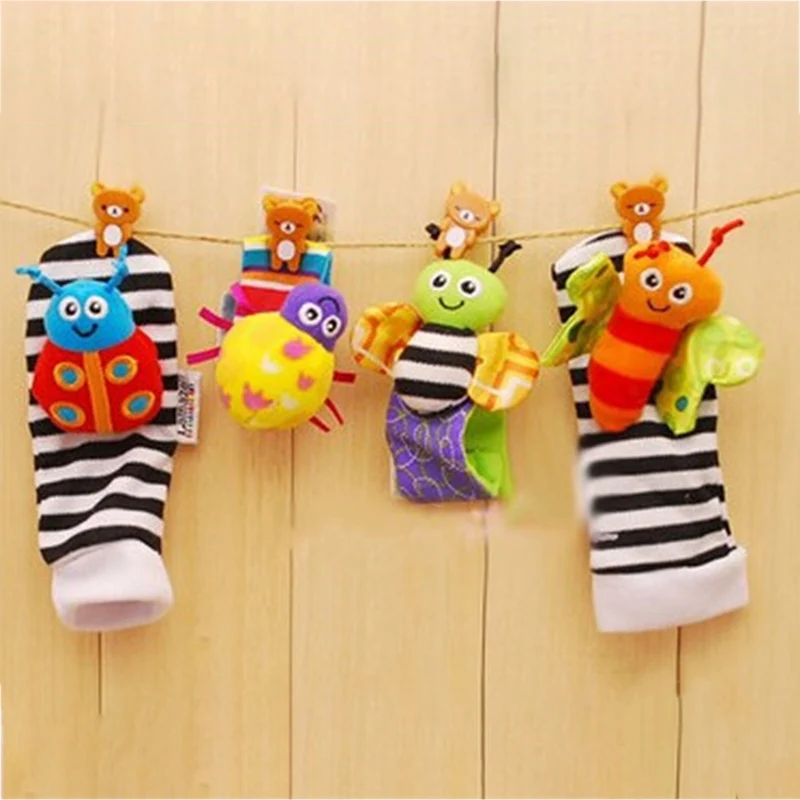 Комплект из 4 предметов, Разноцветные носки в полоску для малышей, Погремушки для новорожденных Божья коровка, хлопковые носки, погремушка для ног, детские развивающие игрушки
