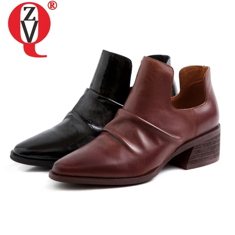 

ZVQ woman shoes 2019 spring new fashion pointed toe handmade genuine leather ankle boots outside comfortable mid heels shoes