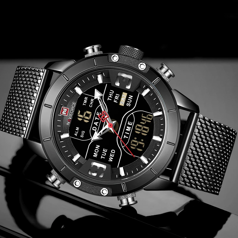 NAVIFORCE Топ Бренд роскошные часы для мужчин модные спортивные кварцевые часы для мужчин полный сталь Водонепроницаемый светодиодный цифровые часы Relogio Masculino