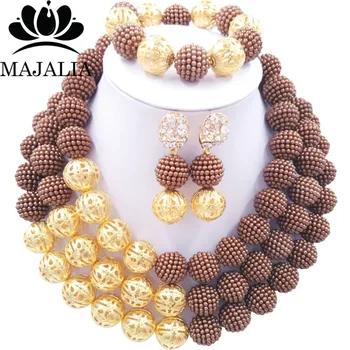 

Majalia Fashion Nigerian Wedding African Jewelery Set Brown Crystal Plastic Pearl Necklace Bride Jewelry Sets 3SQ033