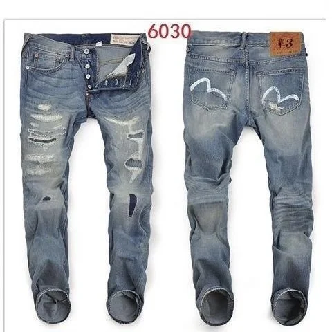 Новое поступление подлинные Evisu модные мужские брюки прямые с принтом потертые дырки Высокое Качество Средняя талия мужские брюки - Цвет: 6030 Button