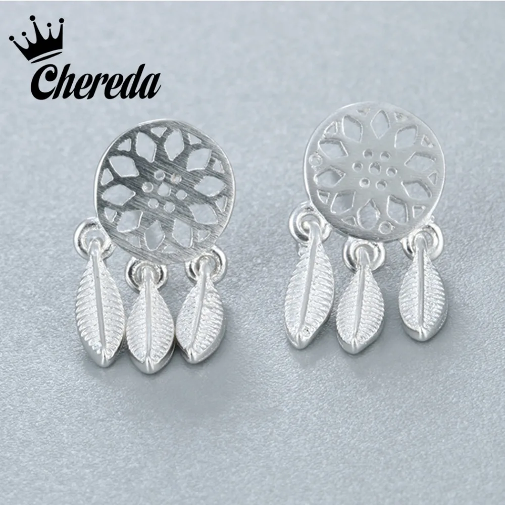 

Chereda New 2017 Vintage Silver Leaf Style Stud Earrings For Women Hollow Out Circle Three Leaf Long Earring Hot Charms Women