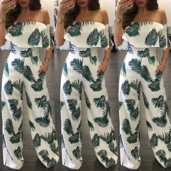 

Women Summer Loose Beach Clubwear Playsuit Print Off shoulder Long Jumpsuit Romper Trousers