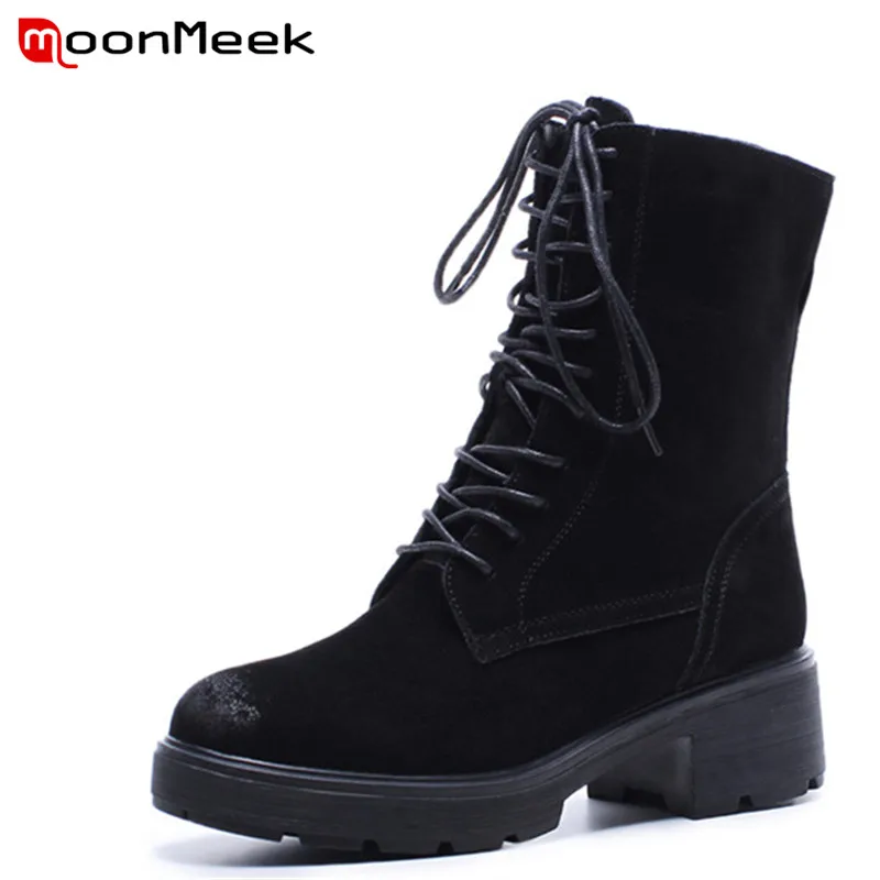 

MoonMeek 2020 fashion women boots new arrive suede leather ladies boots popular round toe mid calf boots elegant med heel shoes