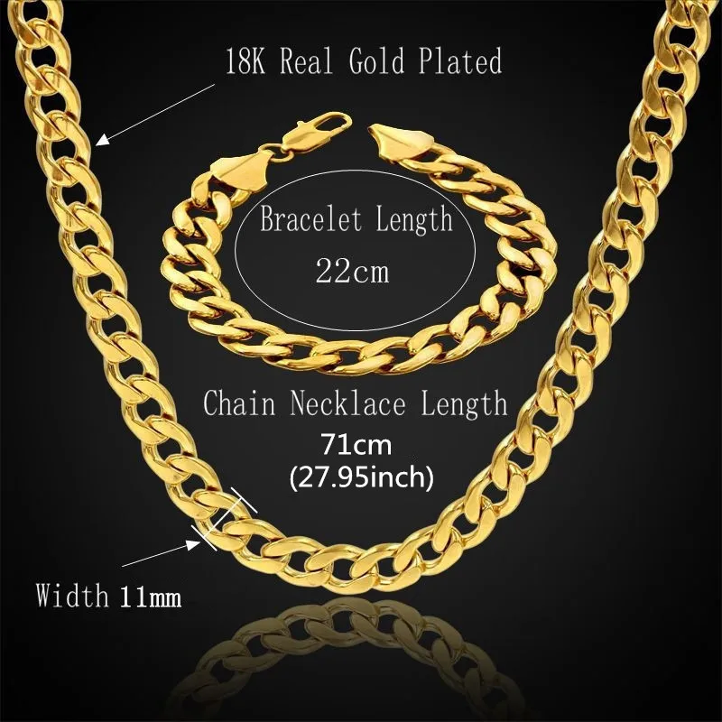 Стиль, кубинская цепочка, ожерелье и браслет, набор для мужчин, подарок,, Африканский Дубай, золотой цвет, ювелирные наборы из нержавеющей стали - Окраска металла: 22cm 71cm gold