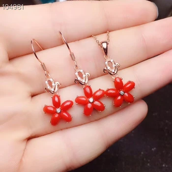 

Popular red coral gemstone hook earrings and necklace jewelry set for women ornament five star style rose gold plated