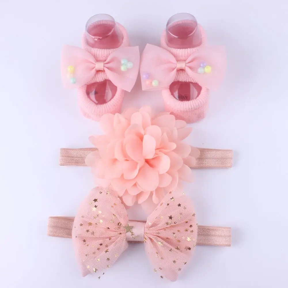 Новые носки для маленьких девочек, комплект с повязкой на голову, милые носки для новорожденных с бантом и цветочным рисунком, Детская головная повязка, носки для малышей, подарок recem naccido