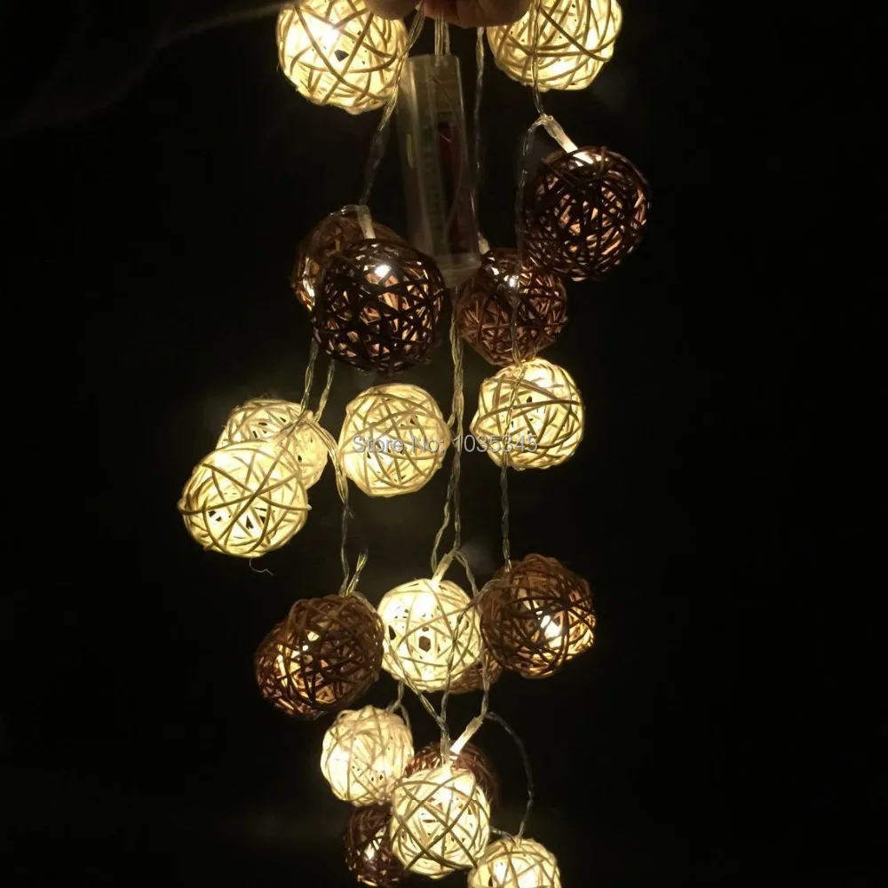 5cm Big Rattan Balls String Lights Battery String Lights 20pcs White&Brown Handmade Fairy Party ...