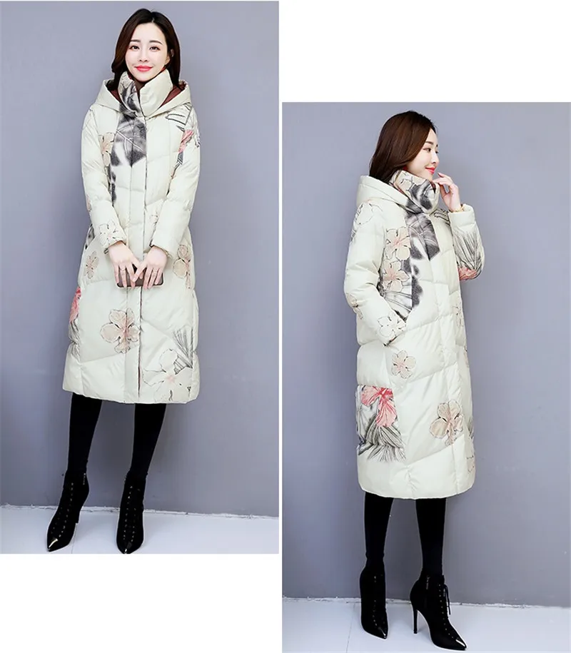 Winter Long Jacket Coat Women Parkas Thicken Warm Vintage Print Down Cotton Jacket Large Size Hooded Outerwear Female Basic Coat