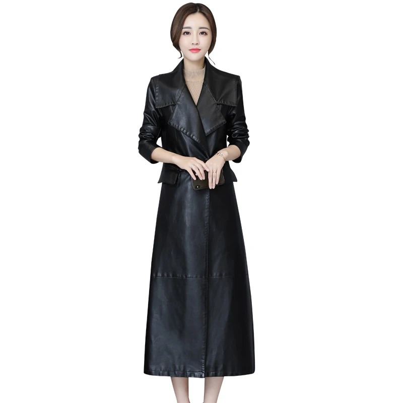 

Women Black Soft Leather Jacket 2018 New Fashion Ladies Washed PU Leather Trench Long Coats Female Faux Leather Windbreaker 5XL