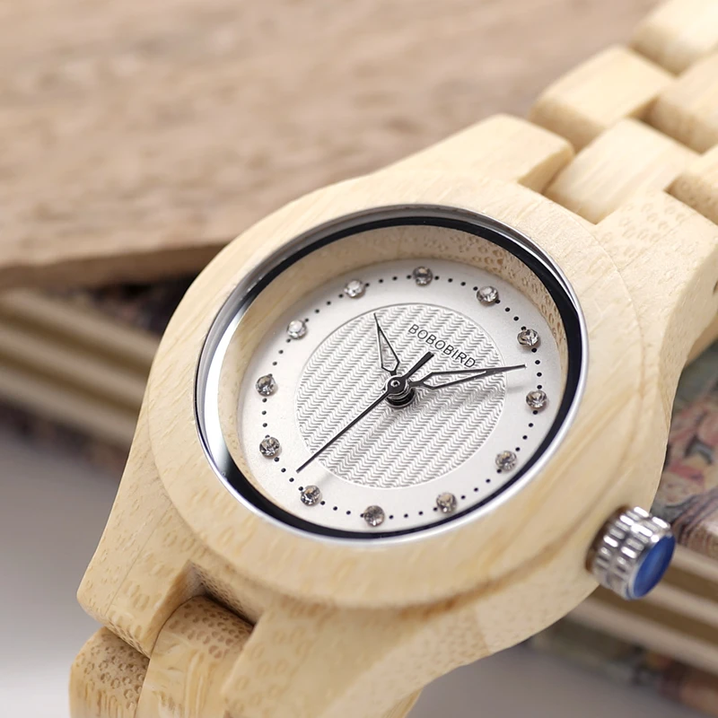 BOBO BIRD O10 Bamboo Women Watches Crystal Dial Ladies Quartz Dress Watch in Wooden Box