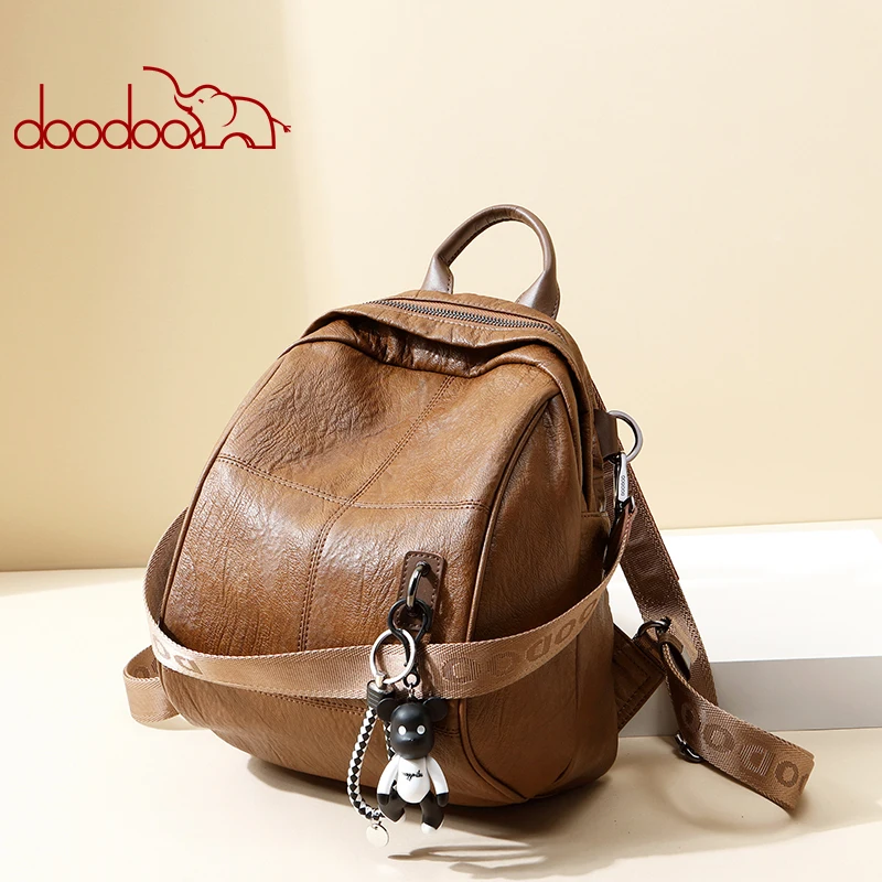 

Hot sell women fashion casual pu soft backpack girls school bags with a bear pendant and letter belt D7187