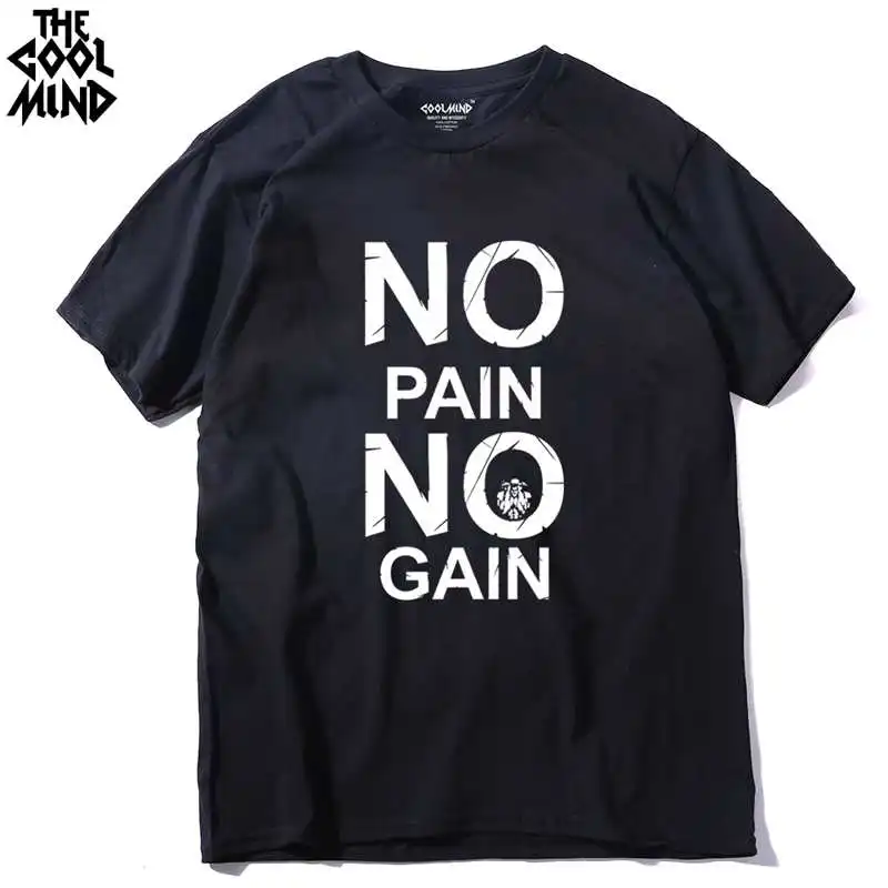 COOLMIND CR0121A Хлопковая мужская футболка с принтом «no pain no gain», повседневная мужская футболка с круглым вырезом, футболка с коротким рукавом - Цвет: CR0121A-BLK
