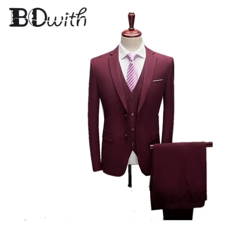 Newest Wine Red Men Suit Custom Made Notched Collar Two Buttons Slim