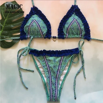 

Women Fringed Lace Stitching Swimsuit Sexy Push Up Bikini Set 2018 Bandage Swimwear Female Bathing Suits Beachwear Bikinis