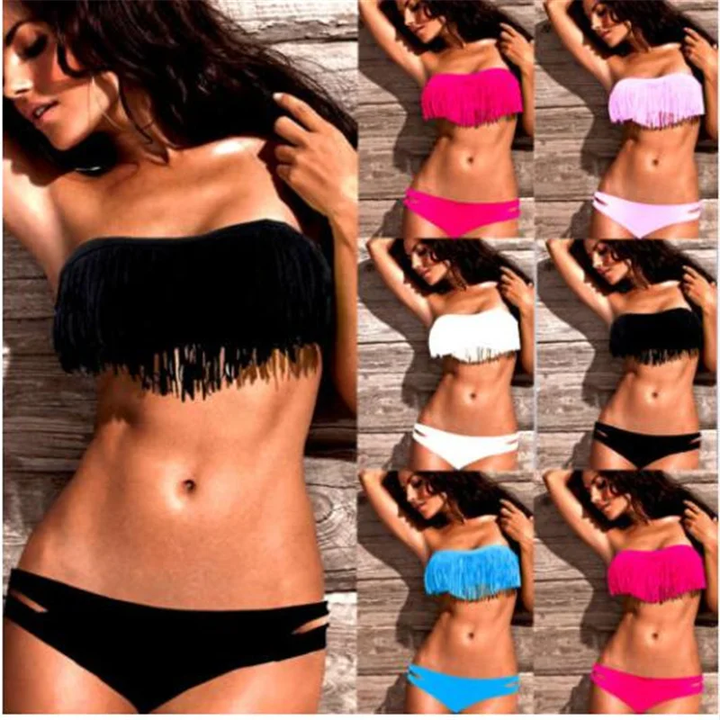 

UMLIFE Big Sale Sexy Bikini Solid Tassel Bikini Set Women Fringe Padded Swimming Suit Female Multicolor Push Up Swimming S