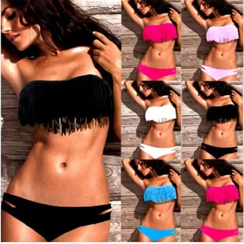 

UMLIFE Big Sale Sexy Bikini Solid Tassel Bikini Set Women Fringe Padded Swimming Suit Female Multicolor Push Up Swimming S